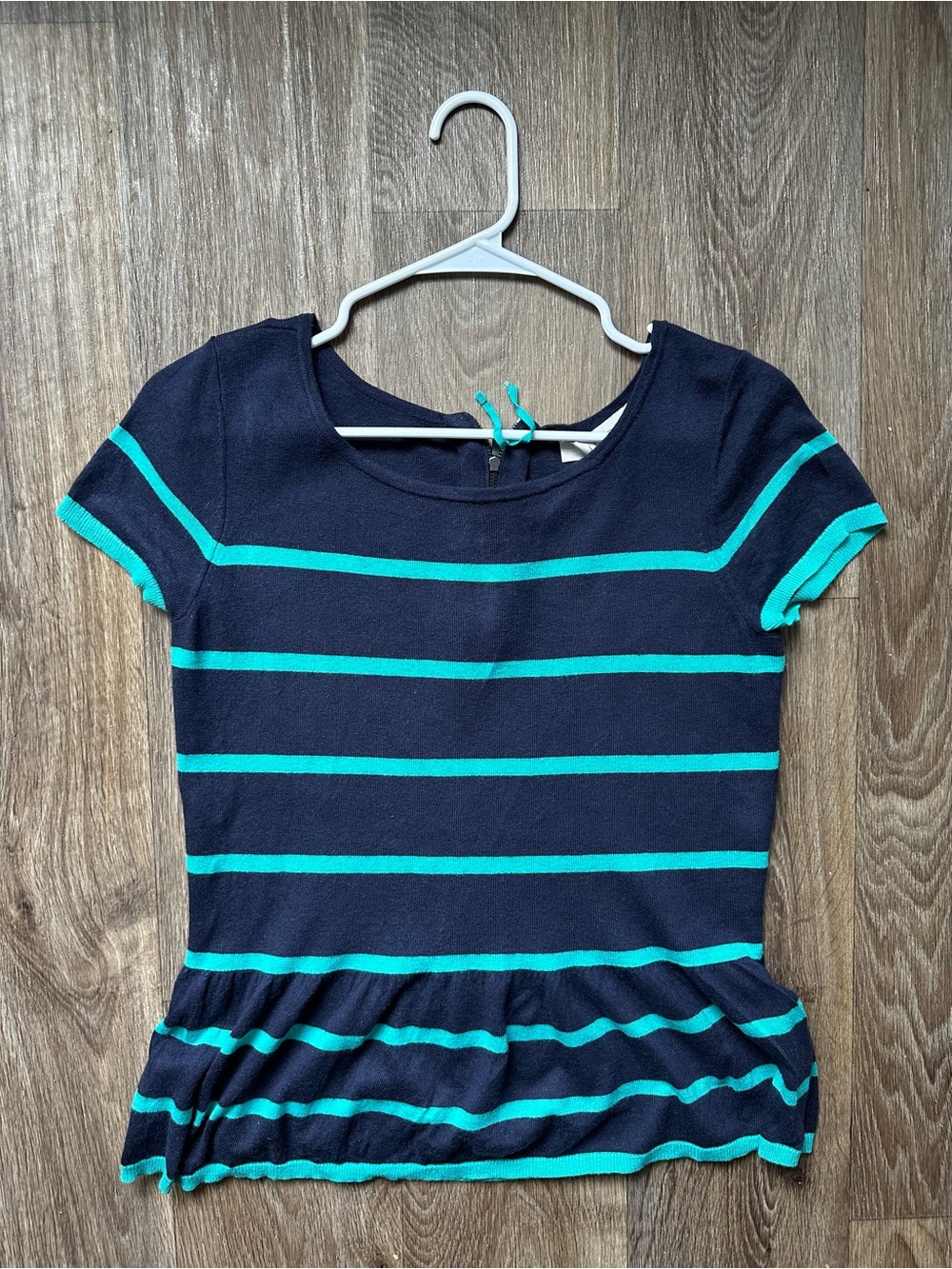 LOFT Striped Peplum Short Sleeve Sweater Knit Top Navy Teal Medium Back Zip